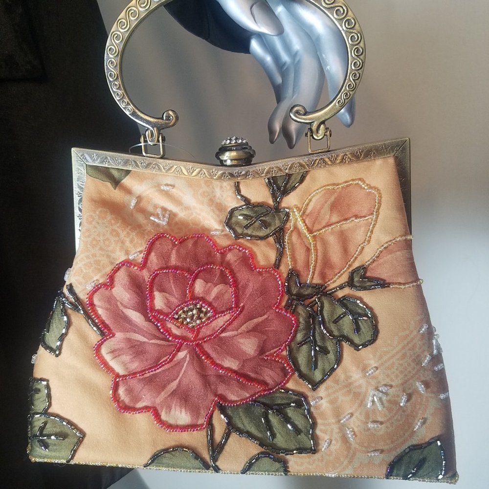 Women's Decorative Beaded Light Tan Bag with Metal Handle ( 8.5" w x 9.5" h)